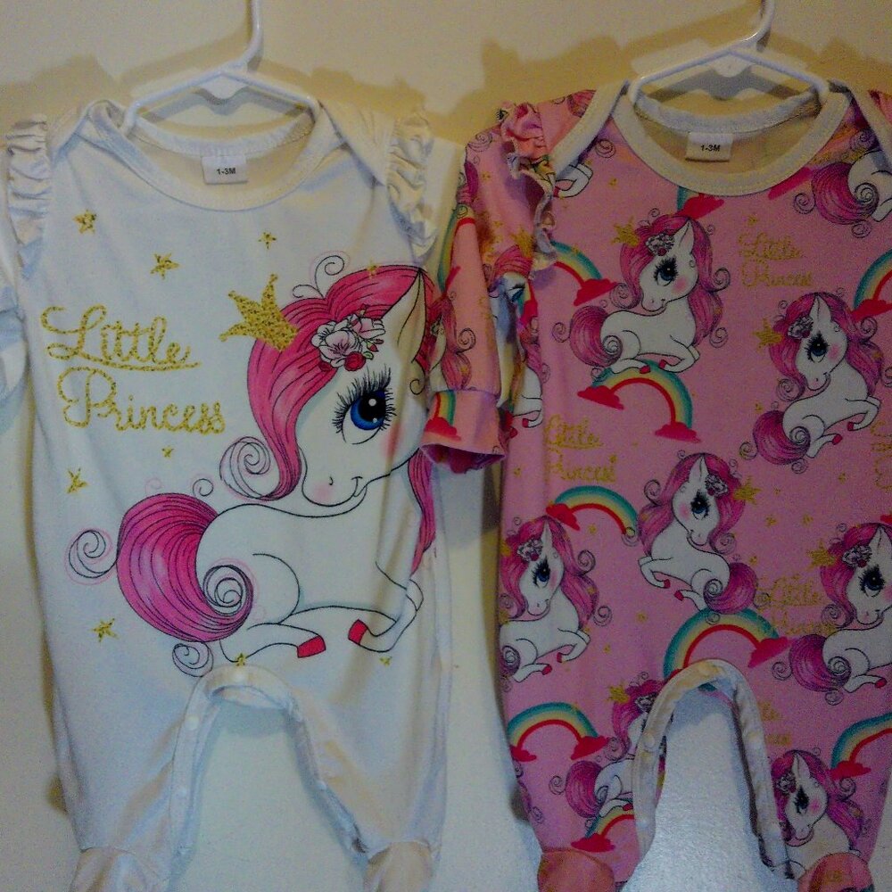 Adorable Used Pink Unicorn Onesie Button Up - 0-3 months